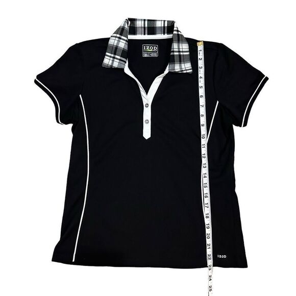 IZOD Golf Black & White Plaid Collar Short Sleeve Fitted Active Top Size Medium - Picture 9 of 10